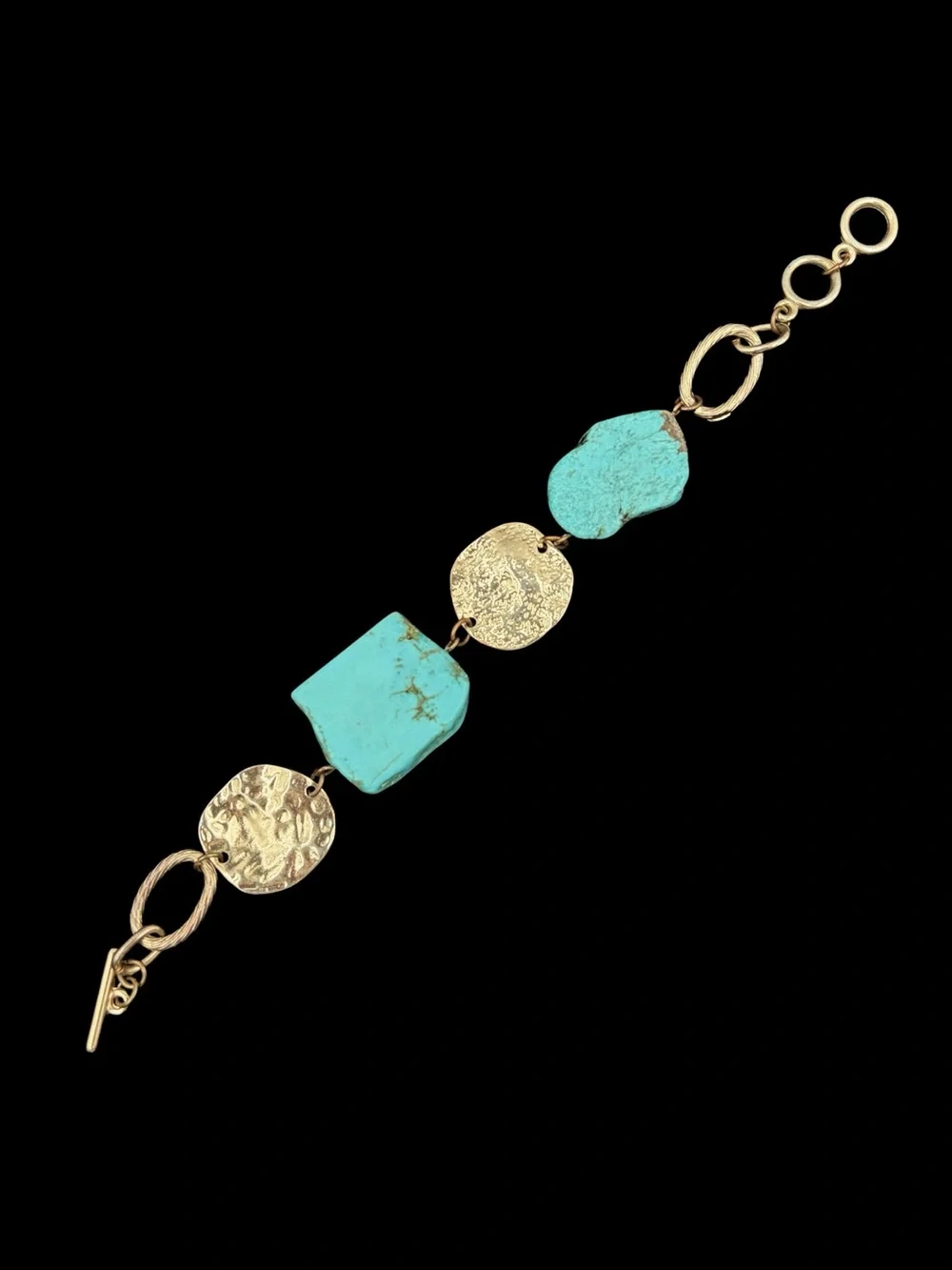 Faux Turquoise Slice and Hammered Metal Disk Bracelet